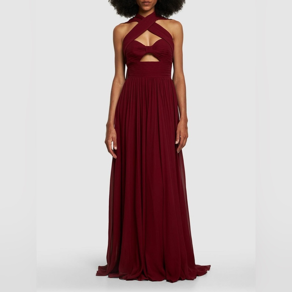 Elie Saab Ruby Red Cross‑Halter Cutout Maxi Dress